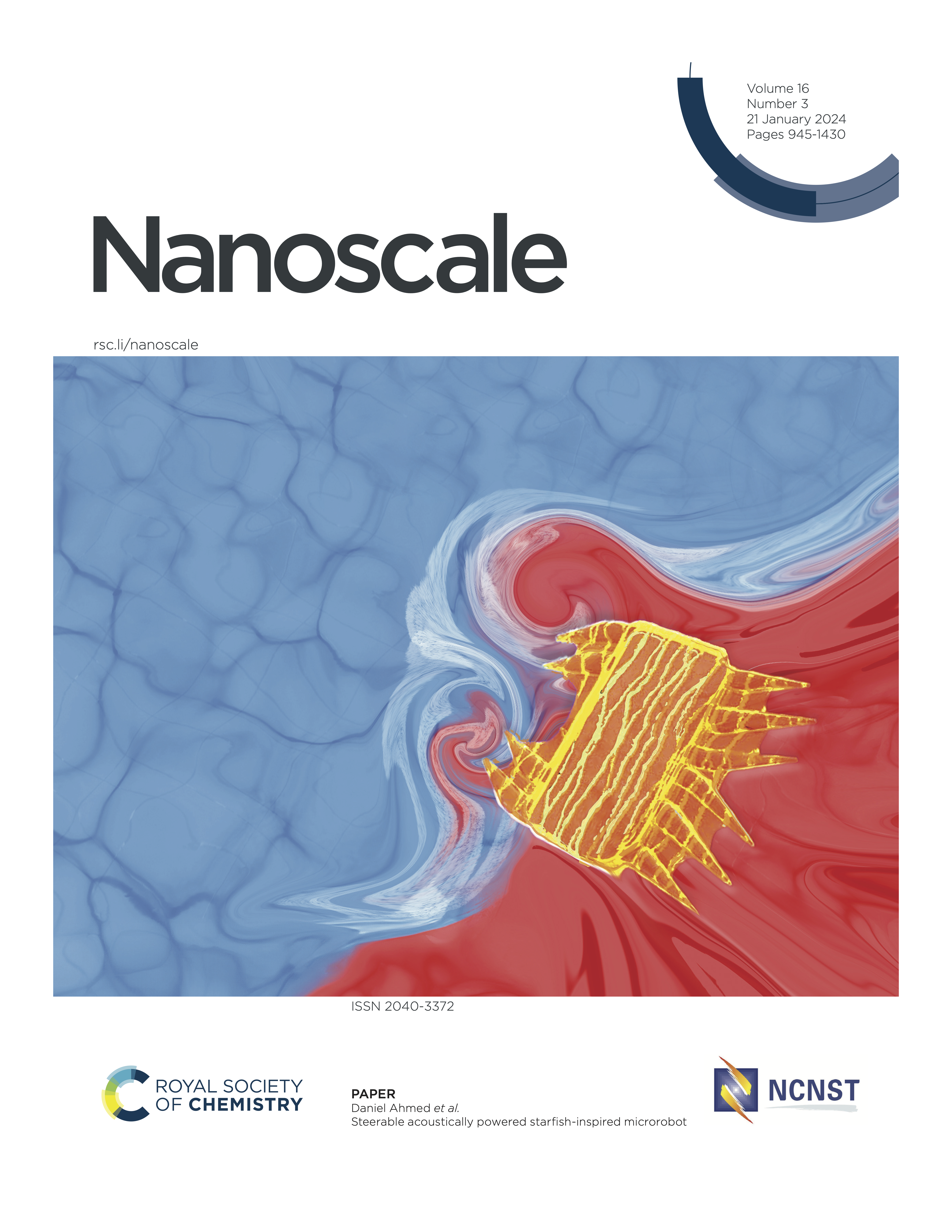 Nanoscale journal cover featuring swirling blue fluid and red waves with a yellow abstract shape.